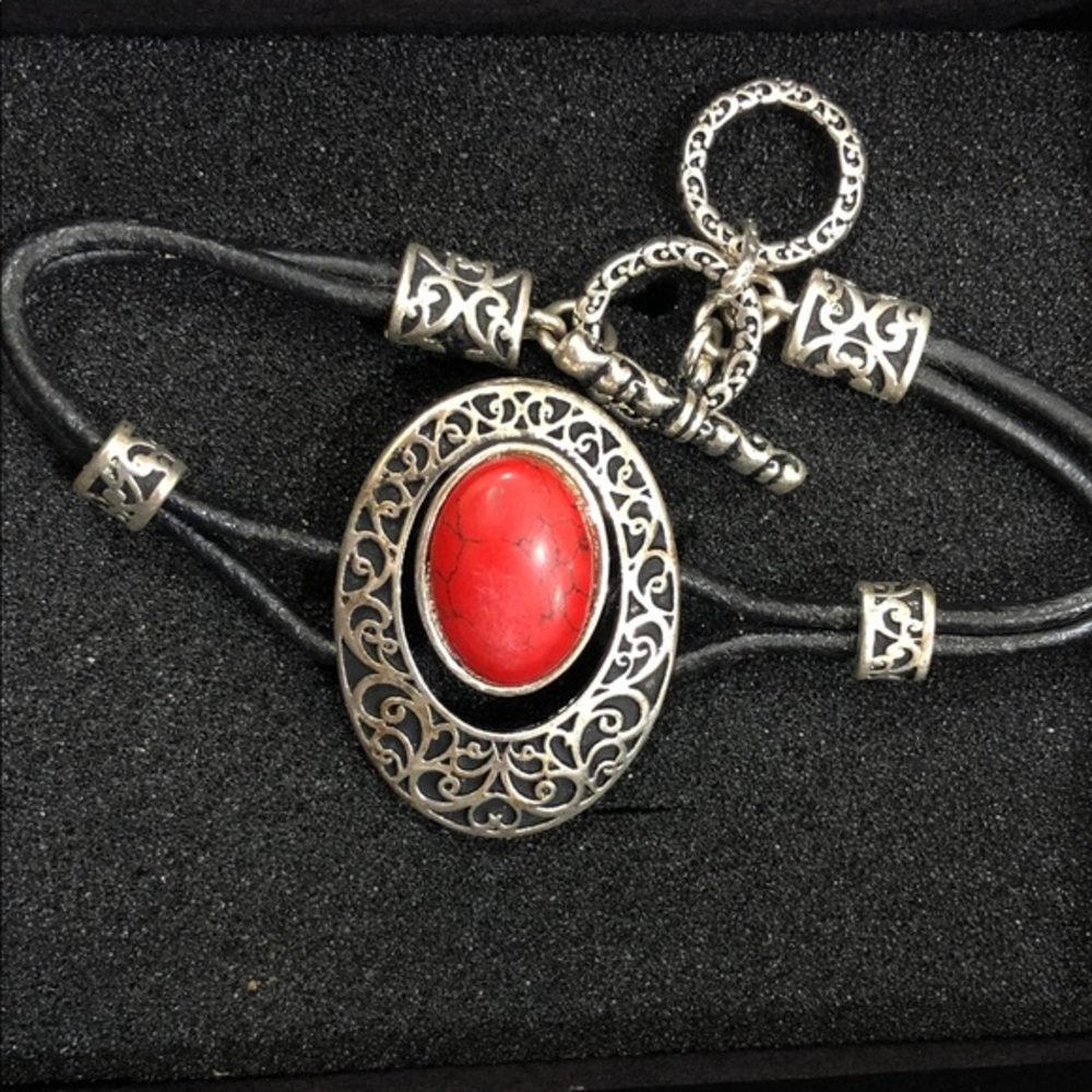 Intricate Silver and Red Stone Women’s Boho Bracelet |Lead Nickel & Cadmium Safe